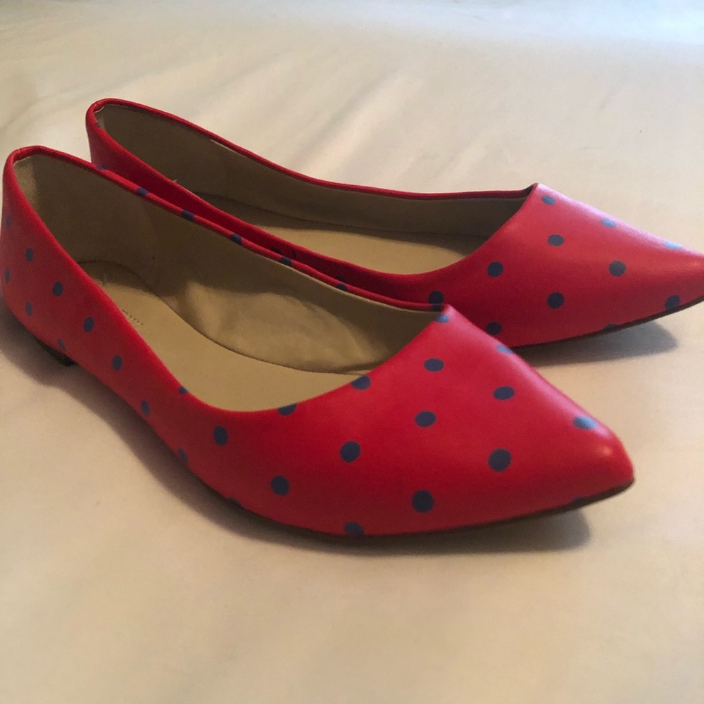 J Crew red and blue polka dot flats